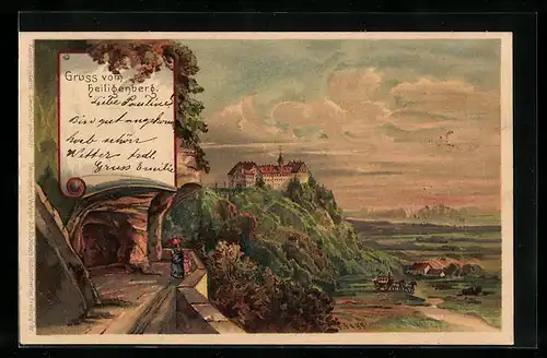 Lithographie Heiligenberg, idyllische Landschaft mit Aussicht