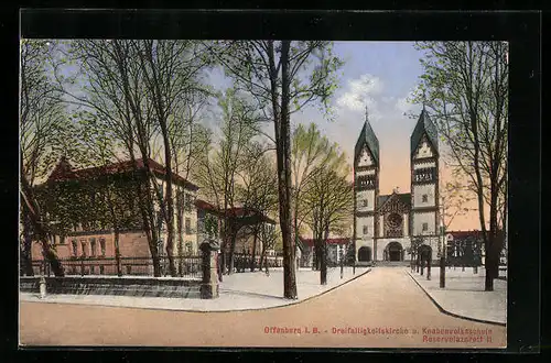 AK Offenburg i. B., Dreifaltigkeitskirche u. Knabenvolksschule