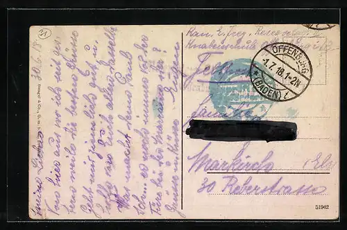 AK Offenburg i. B., Blick zur Dreifaltigkeitskirche u. Knabenvolksschule