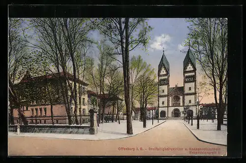 AK Offenburg i. B., Knabenvolksschule u. Dreifaltigkeitskirche