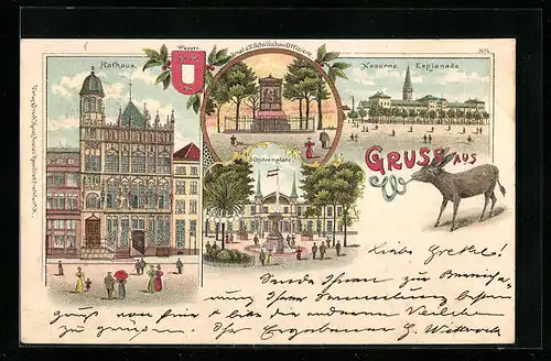 Lithographie Wesel, Rathaus, Schützenplatz, Kaserne Esplanade