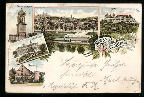 Lithographie Coburg, Ehrenburg, Rosenau, Veste