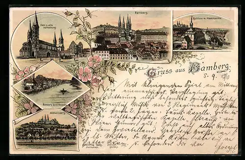 Lithographie Bamberg, Dom und alte Hofhaltung, Michaelsberg, Rathaus mit Wasserpartie