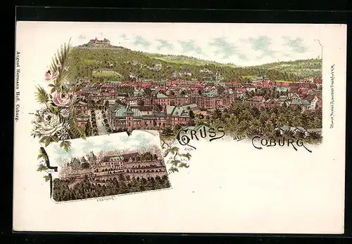 Lithographie Coburg, Festung, Panoramablick auf die Stadt