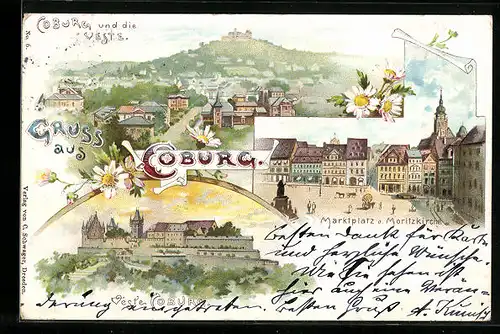 Lithographie Coburg, Marktplatz und Moritzkirche, Ortsansicht und die Veste