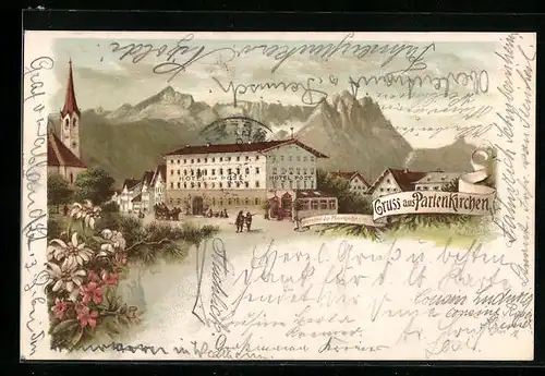 Lithographie Partenkirchen, Hotel zur Post gegenüber der Pfarrkirche