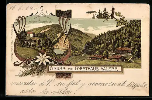 Lithographie Schliersee, Gasthaus Forsthaus Valepp, Kapelle und Klausenhaus