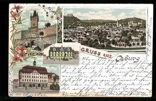 Lithographie Coburg, Gesamtansicht, Rathaus, Regierungsgebäude