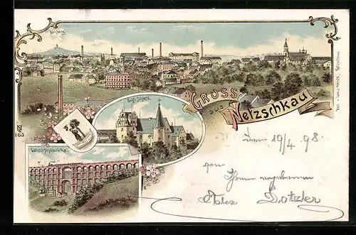 Lithographie Netzschkau, Teilansicht, Gräfliches Schloss, Göltzschthalbrücke