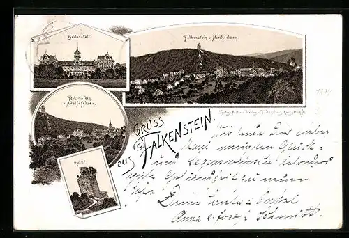 Lithographie Falkenstein, Teilansicht vom Moritzfelsen, Heilanstalt, Ruine