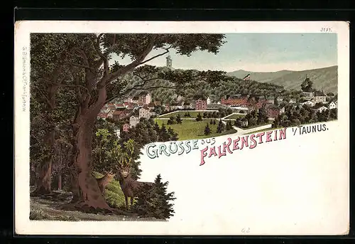 Lithographie Falkenstein i / Taunus, Ortsansicht mit Hirschen