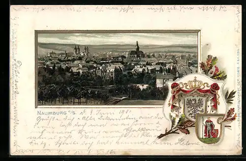 Passepartout-Lithographie Naumburg o. S., Panorama mit Kirche, Wappen