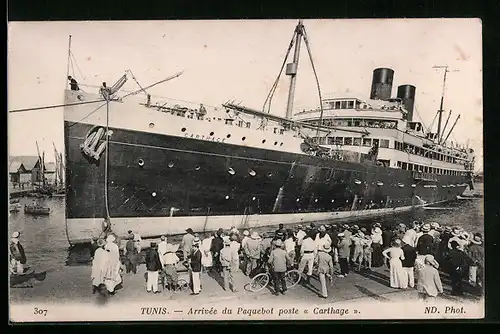 AK Tunis, Arrivee du Paquebot-poste Carthage, Passagierschiff