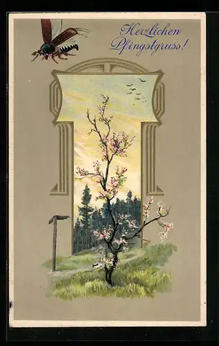 Präge-AK Fliegender Maikäfer und blühender Baum, Pfingstgruss