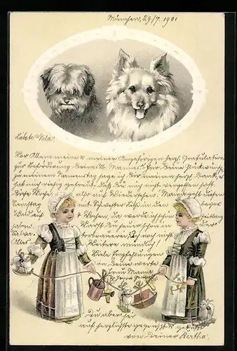 Präge-Lithographie Zwei Hunde im Rahmen und zwei kleine Mädchen