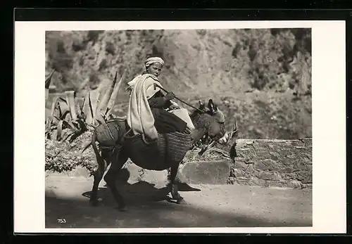 Foto-AK Orientalische Volkstypen, Junger Araber reitet auf Esel