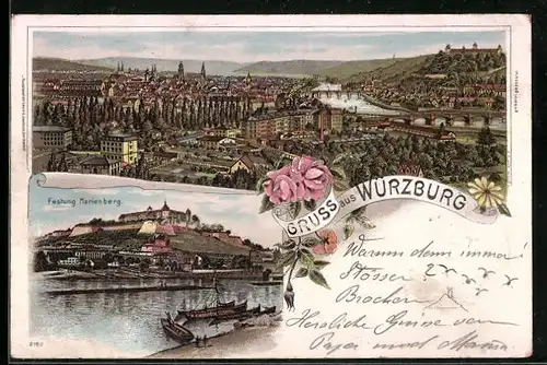 Lithographie Würzburg, Festung Marienberg, Stadtpanorama, Boote