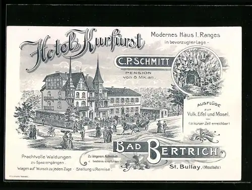Lithographie Bad Bertrich, Hotel Kurfürst, Käsegrotte
