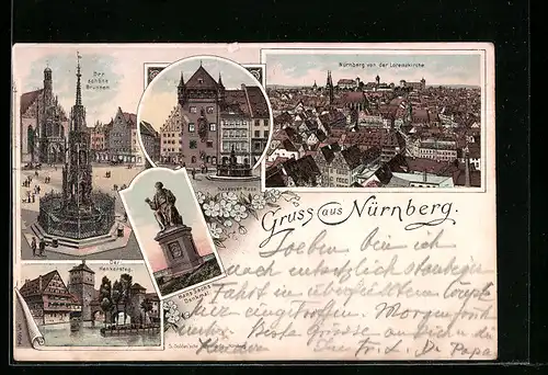 Lithographie Nürnberg, Nassauer Haus, Henkersteg, Hans Sachs Denkmal, Schöner Brunnen