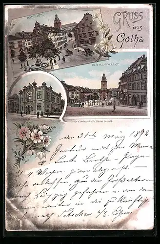 Lithographie Gotha, Freimaurer-Loge, Hauptmarkt, Rathaus