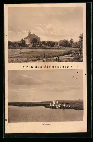 AK Simonsberg, Ortspartie mit Kirche, Badestrand