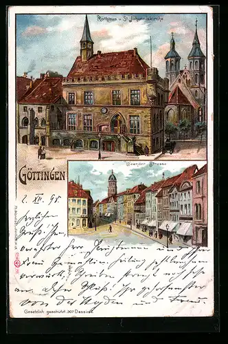 Lithographie Göttingen, Rathaus und St. Johanniskirche, Weender Strasse