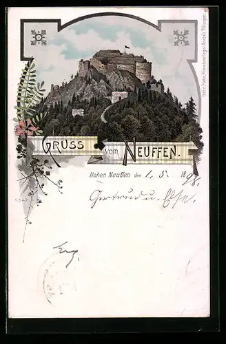 Lithographie Hohen Neuffen, Blick zur Burg