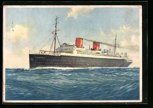 Künstler-AK Robert Schmidt: Passagierschiff Schnelldampfer Columbus unter Dampf auf der See