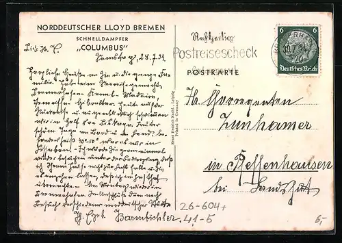 Künstler-AK Robert Schmidt: Passagierschiff Schnelldampfer Columbus unter Dampf auf der See