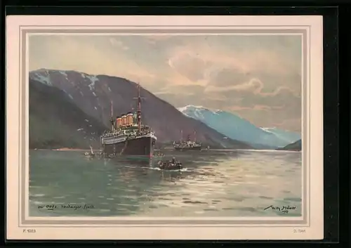 Künstler-AK Willy Stoewer: Odde, Dampfer im Hardanger-Fjord