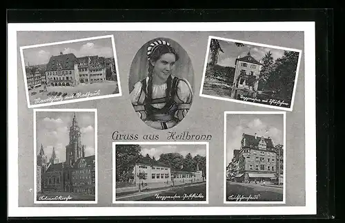 AK Heilbronn, Mädchen in Tracht, Marktplatz und Rathaus