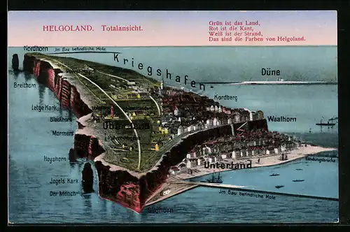 AK Helgoland, Totalansicht mit Ortsbezeichnungen