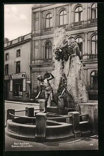 AK Bad Aachen, Strassenpartie mit Geschäft und Bakauvbrunnen