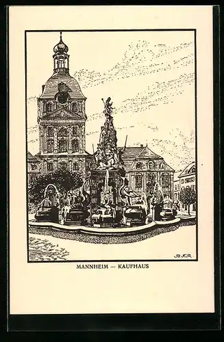 Künstler-AK Mannheim, Kaufhaus und Denkmal