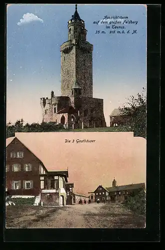 AK Feldberg /Ts., Aussichtsturm und die 3 Gasthäuser auf dem Feldberg