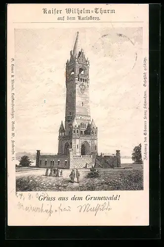 Künstler-AK Berlin-Grunewald, Partie am Kaiser Wilhelm-Turm auf dem Karlsberg
