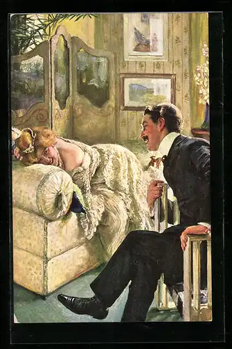 Künstler-AK sign. Oscar Bluhm: Lachende Dame auf einem Sofa liegend