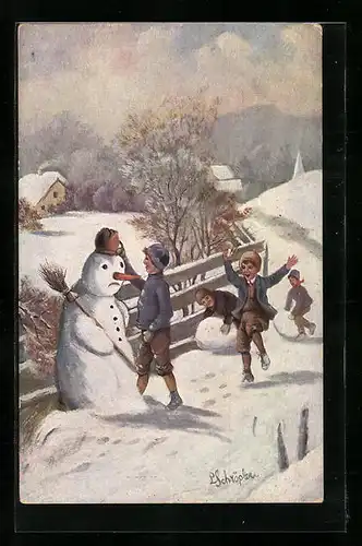 Künstler-AK sign. L. Schröpler: Kinder bauen Schneemann