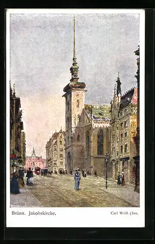 Künstler-AK Brünn / Brno, Jakobskirche mit Kutsche und Passanten