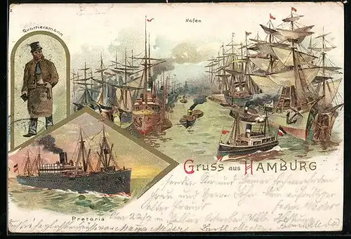 Lithographie Hamburg, Hafen mit Dampfer Pretoria, Segelschiffen und Quartiersmann