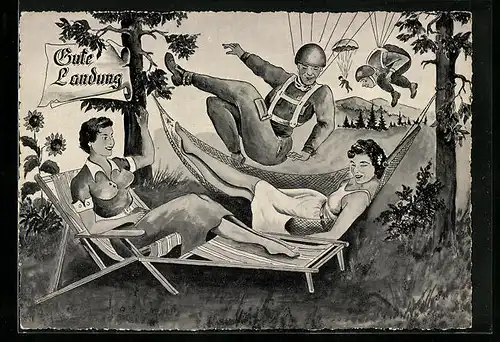 Künstler-AK Fallschirmjäger freut sich über eine gute Landung