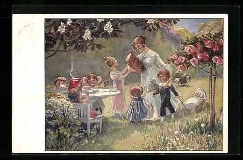 Künstler-AK St. Gallen, Blumentag 1911, Familie im Blumengarten