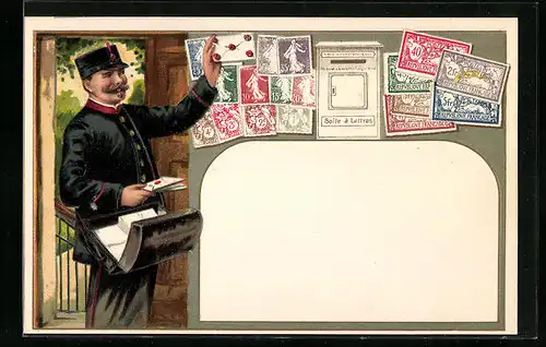 Präge-AK Französische Briefmarken und Postbote am Briefkasten