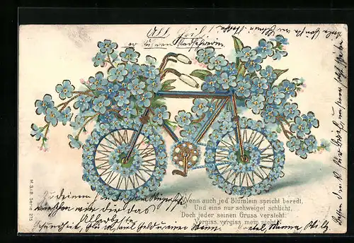 Präge-Lithographie Fahrrad aus Vergissmeinnicht, Blumenbild