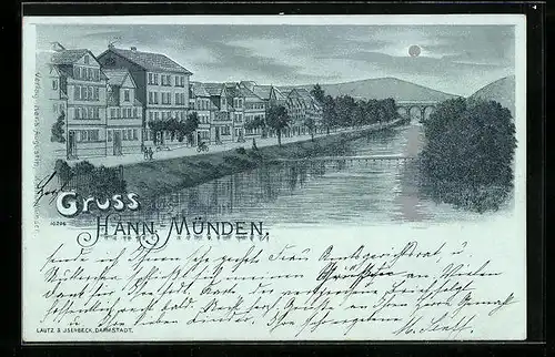 Lithographie Hann.-Münden, Ortsansicht mit Fluss