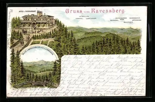 Lithographie Bad Sachsa, Gasthaus Ravensberg, Blick v. Marschallplat n. d. Brocken, Gebirgspanorama