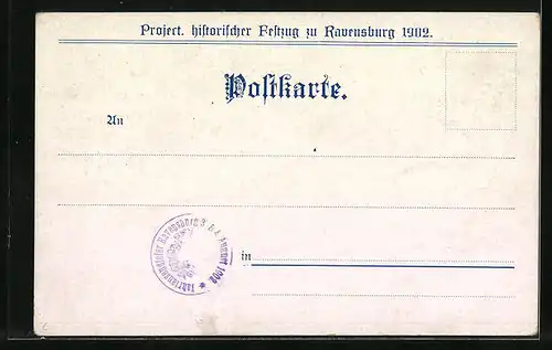 Künstler-AK Ravensburg, Project. histor. Festzug 1902, Patriziergesellschaft zum Esel um 1400