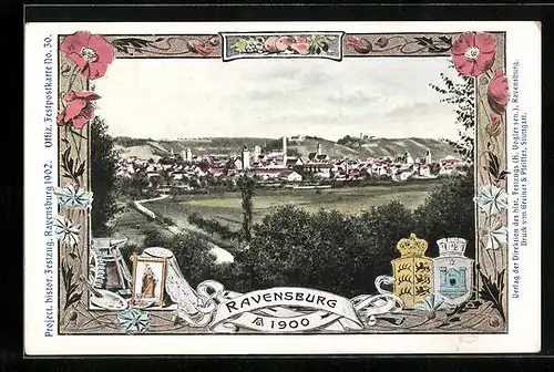 AK Ravensburg, Ortsansicht aus der Vogelschau