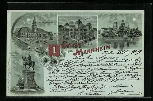 Mondschein-Lithographie Mannheim, Rathaus mit Marktplatz, Postamt, Stadtpark mit Sternwarte