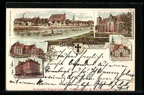 Lithographie Verden, Dom, Rathaus mit Johs.-Kirche, Gymnasium, Seminar
